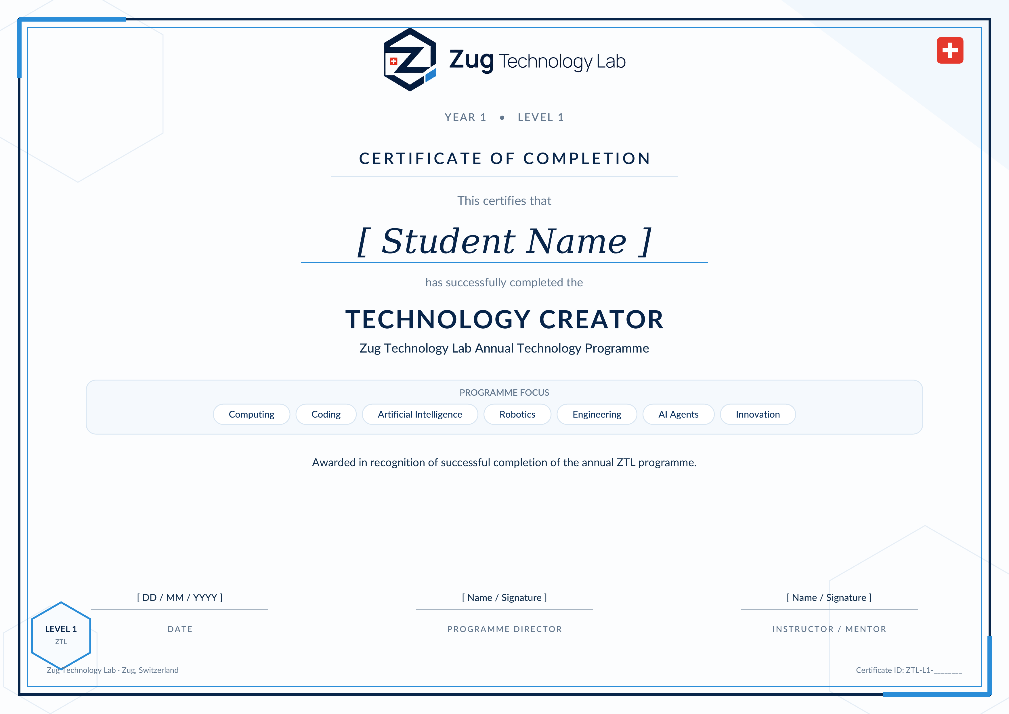 Zug Technology Lab Year 1 Certificate of Completion