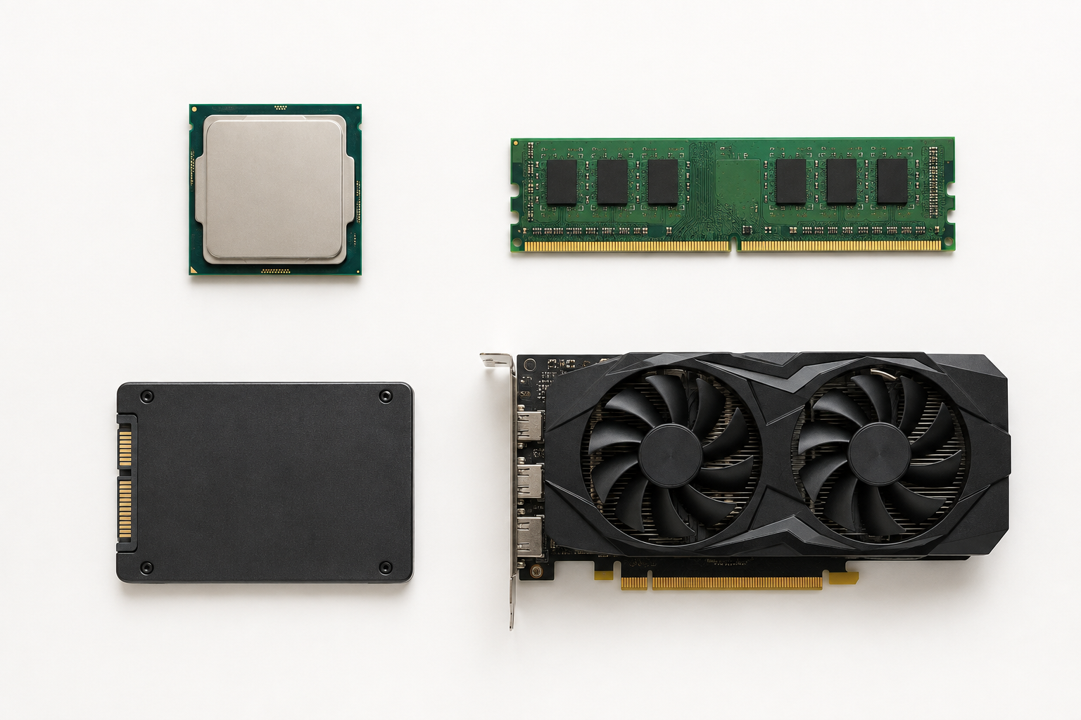 CPU at top left, RAM top right, SSD bottom left and graphics card bottom right