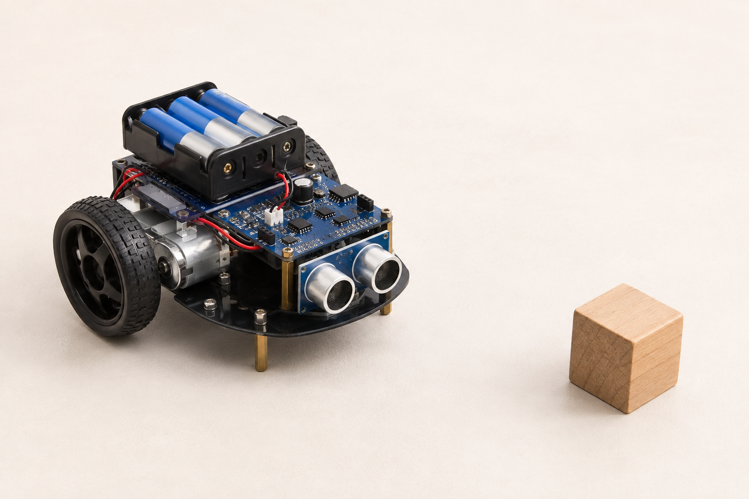 Educational robot with front distance sensor, controller board, battery and wheel motors