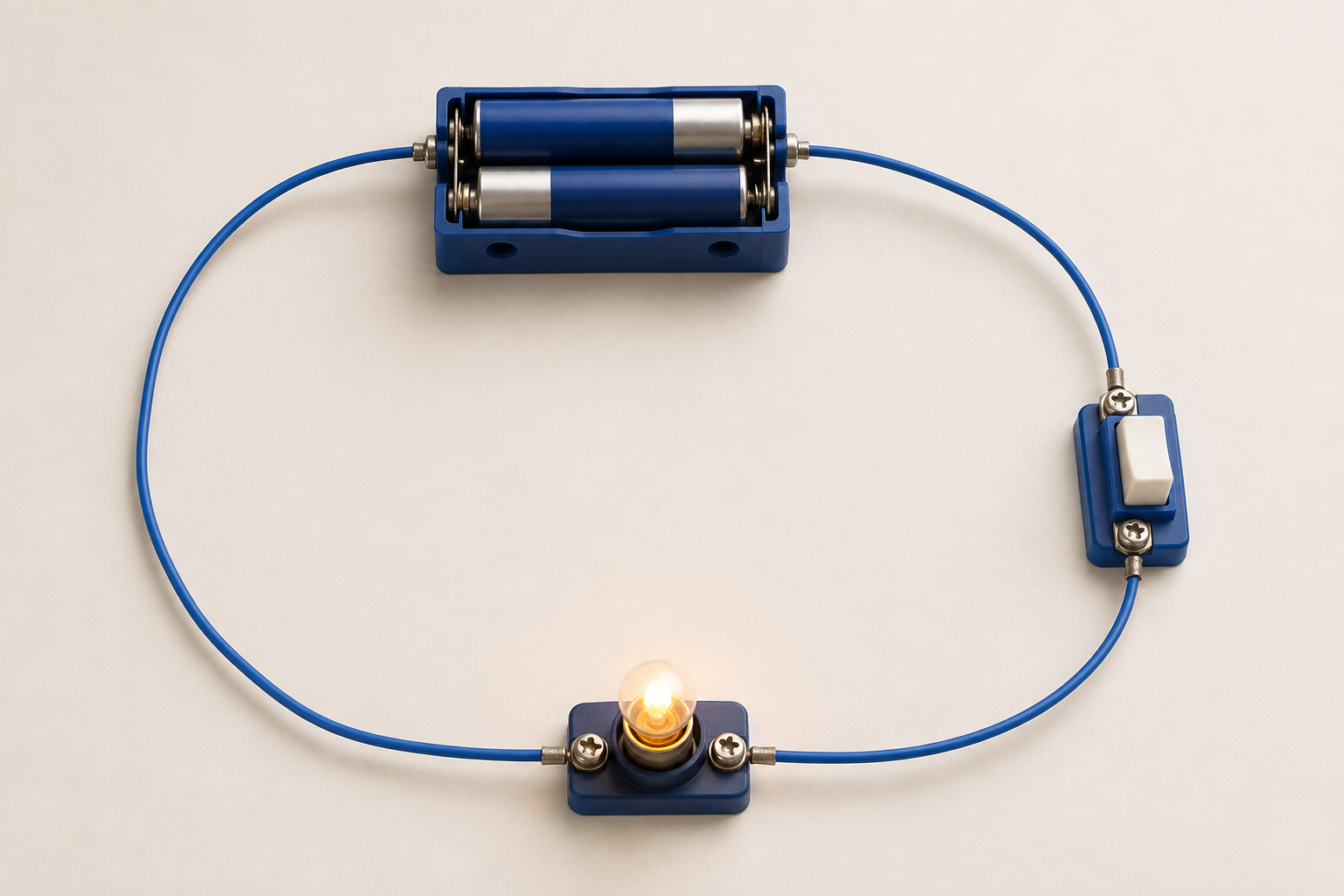 Battery, wires, switch and bulb connected in a loop